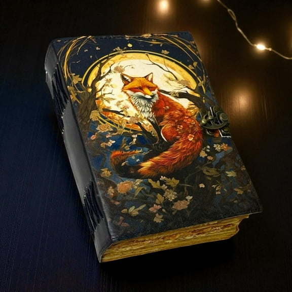 Handmade Leather Journal with Fox Artwork – 5x7 Inch Vintage Notebook, 200 Pages, Rustic Handmade Paper, Locking Strap – Writing, Sketching & Gift Journal