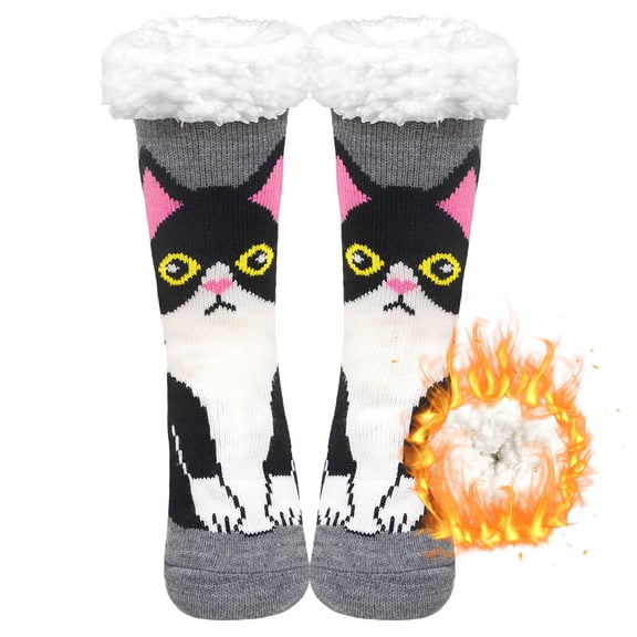 Womens Fuzzy Socks Cozy Fluffy Winter Slipper Socks with Grippers ,UNEEI Warm Thick Cat Pattern Non-Slip Winter House Socks, Size 9-12