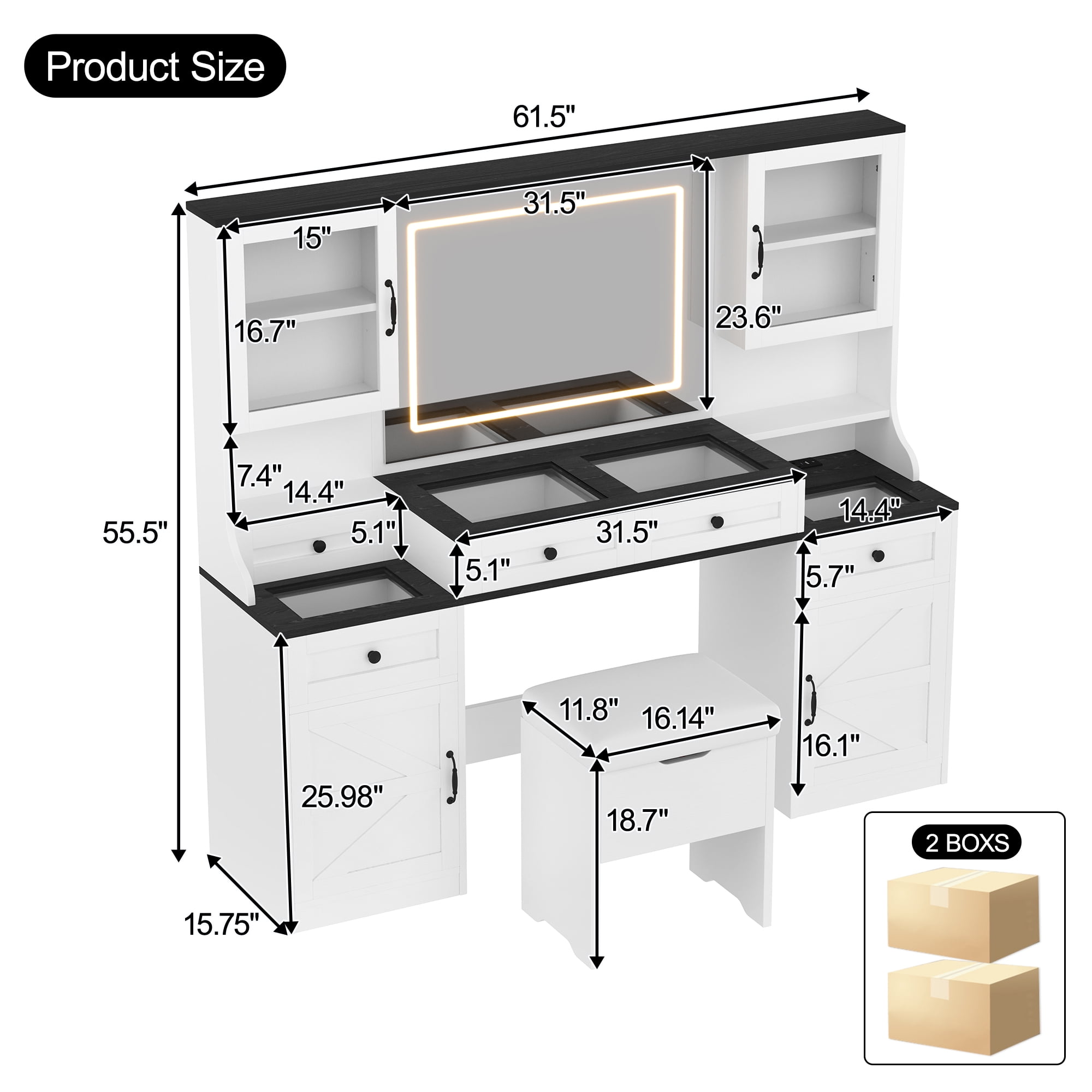 Yoneston 61.5" Farmhouse Vanity Desk Set with Mirror and LED Lights, Glass Top Vanity Table with Chair, Charging Station and 5 Drawers Cabinets, White