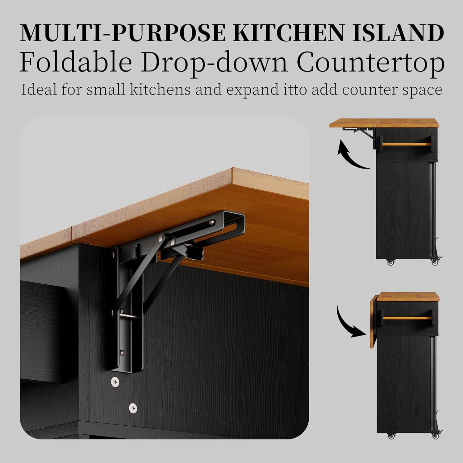 39.4" Rolling Kitchen Island Cart with Drop Leaf Countertop, Sliding Door, Drawers, Spice Rack, and 2-Tier Storage, Black