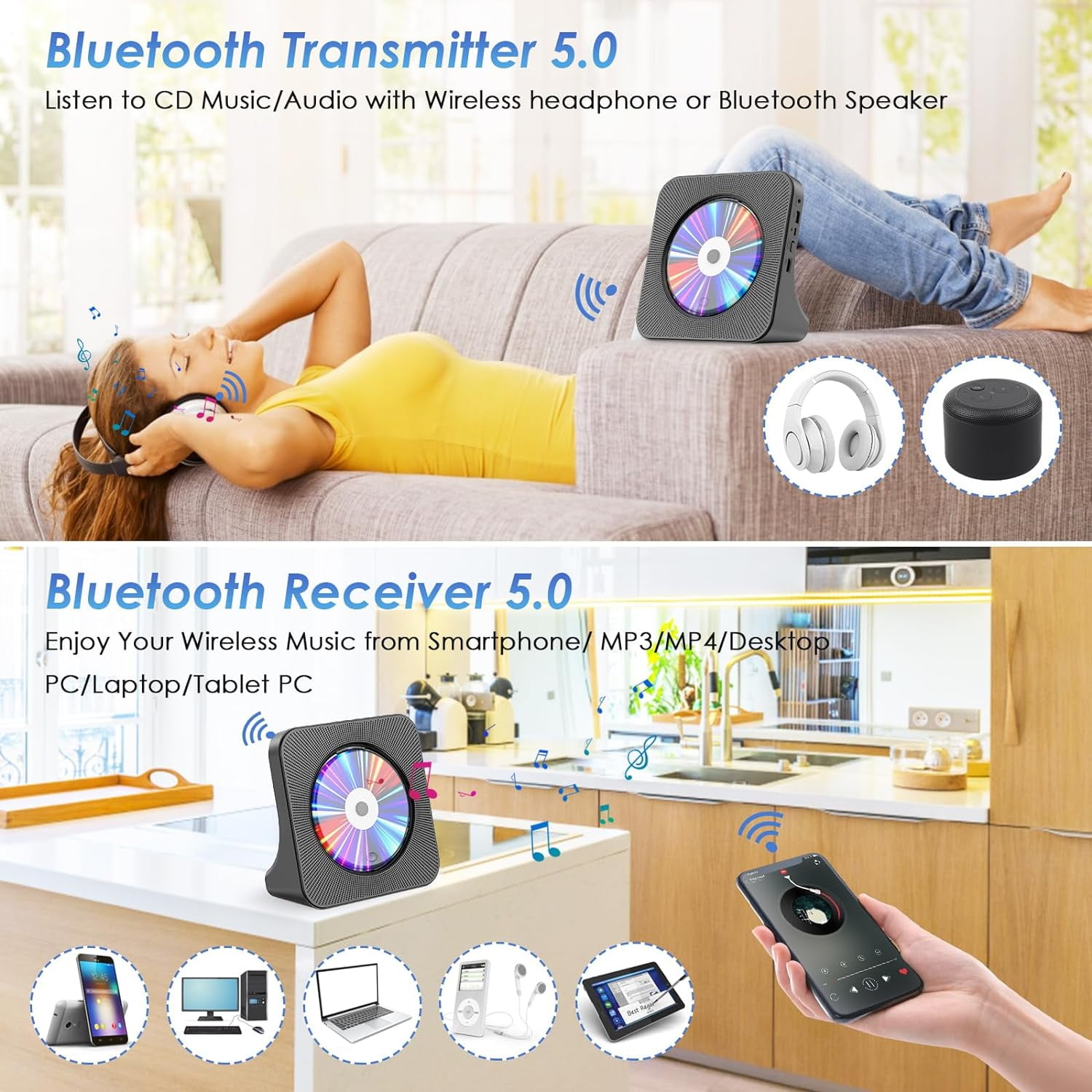 Qoosea DVD Player with remote CD Player for Home with Bluetooth Speakers  Display FM Radio with CD Player USB Card Playback 3.5 mm AUX Alarm Clock All Region Free with AV Dust Cover