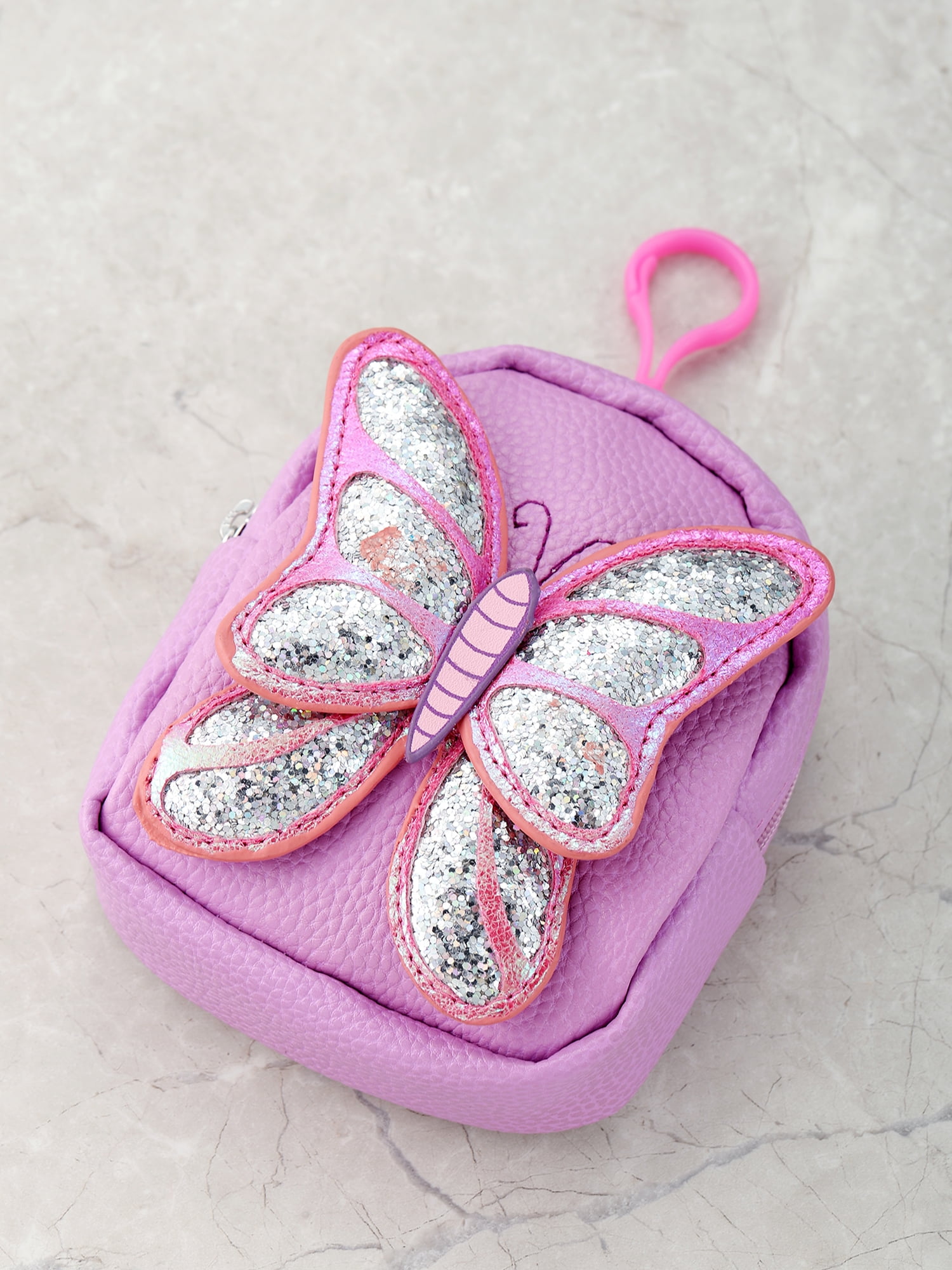Wonder Nation Girl's Glitter Butterfly Pouch Backpack Clip, Purple and Pink