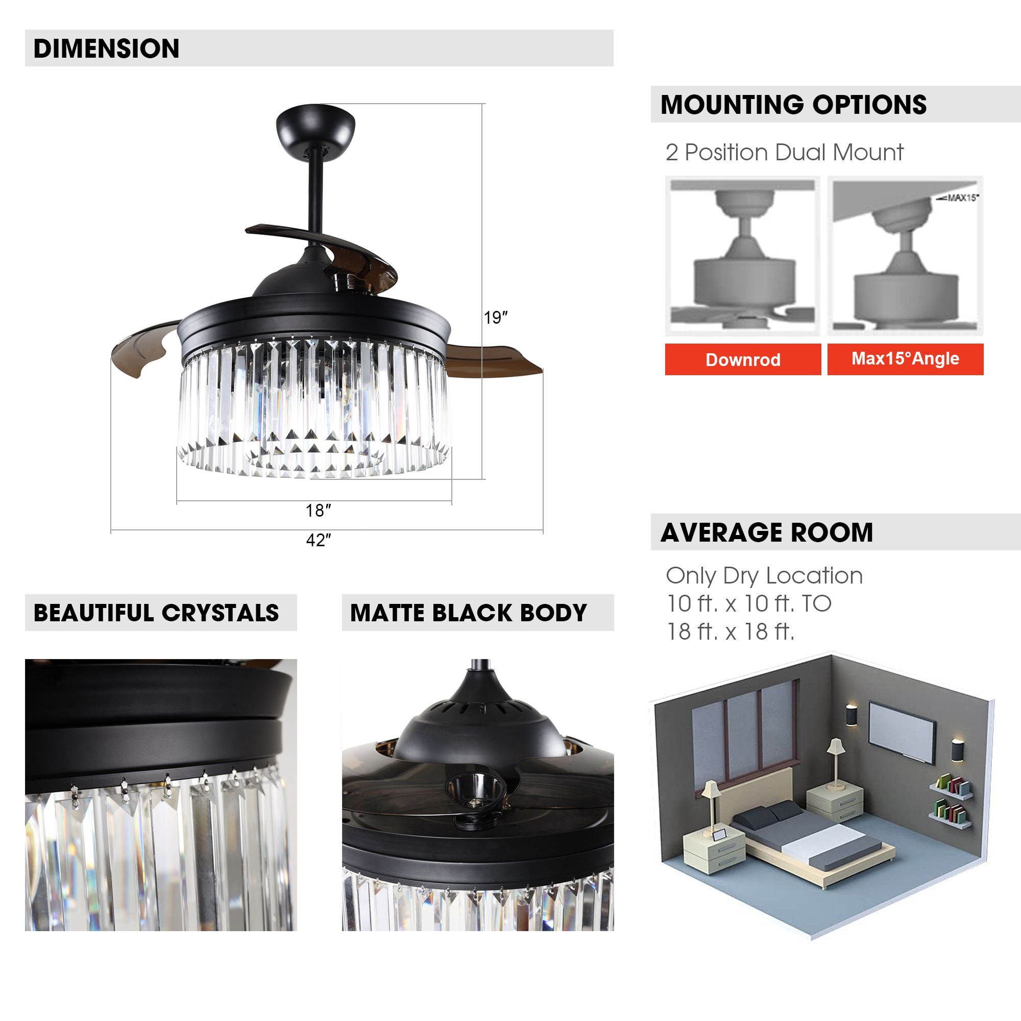 Parrot Uncle 42-Inch Contemporary Chandelier Ceiling Fan with Incandescent Lights and Remote Control
