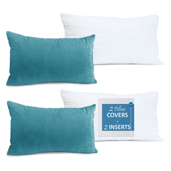 Nestl Plush 2 Pack Solid Decorative Microfiber Rectangle Throw Pillow Cover with Throw Pillow Insert for Couch, Beach Blue, 12" x 20"