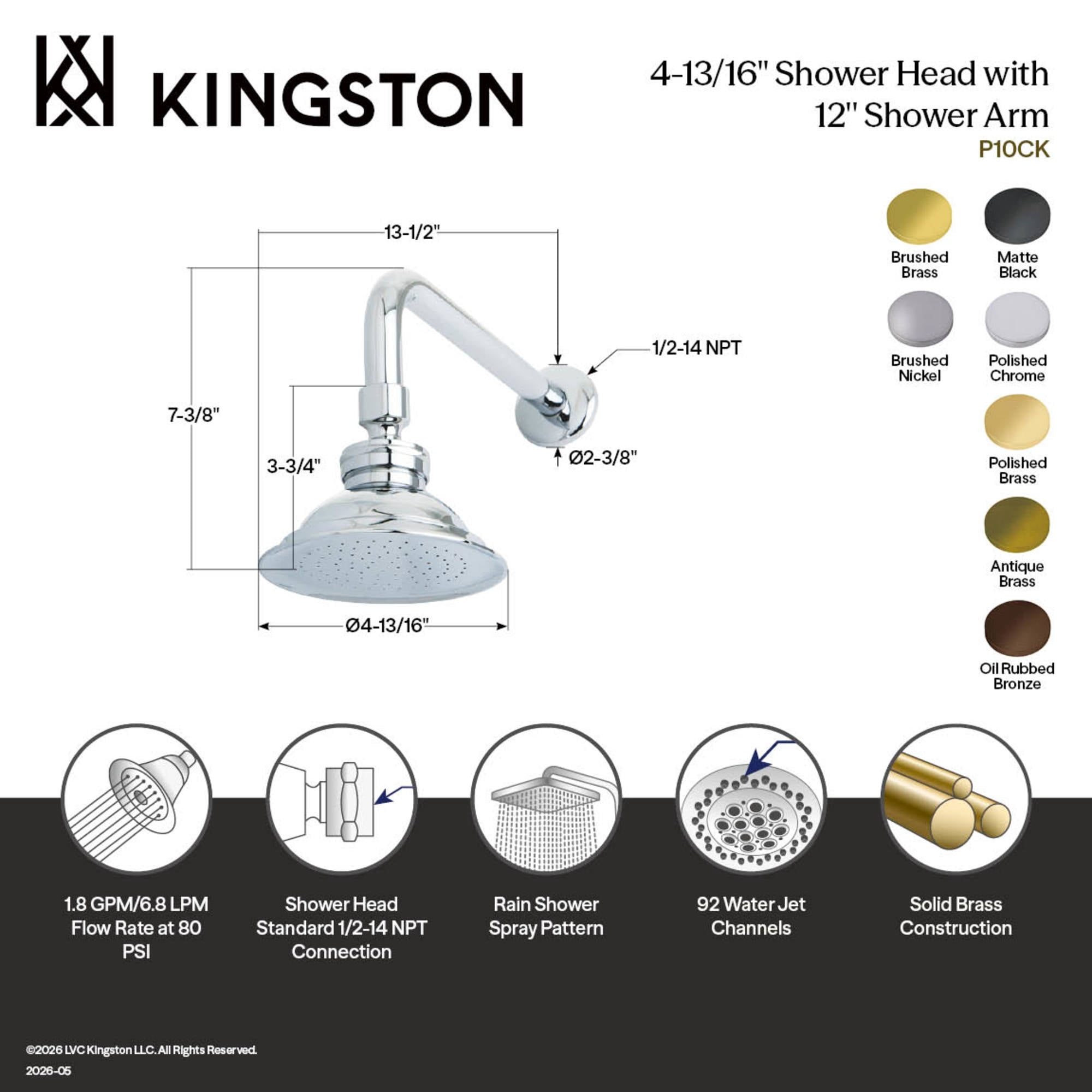Kingston Brass P10MBCK Victorian 4-13/16-Inch Round Raindrop Brass Shower Head with 12-Inch Shower Arm Combo in Matte Black