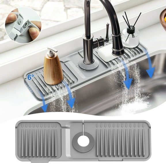 THRCIFLO 17.7" Faucet Mat for Kitchen Sink Splash Guard Behind the Faucet, Silicone Sink Protectors for kitchen Sink Sponge Holder w/ Snap Button, 6° Slope Draining Mat for Sink Water Splash Guard