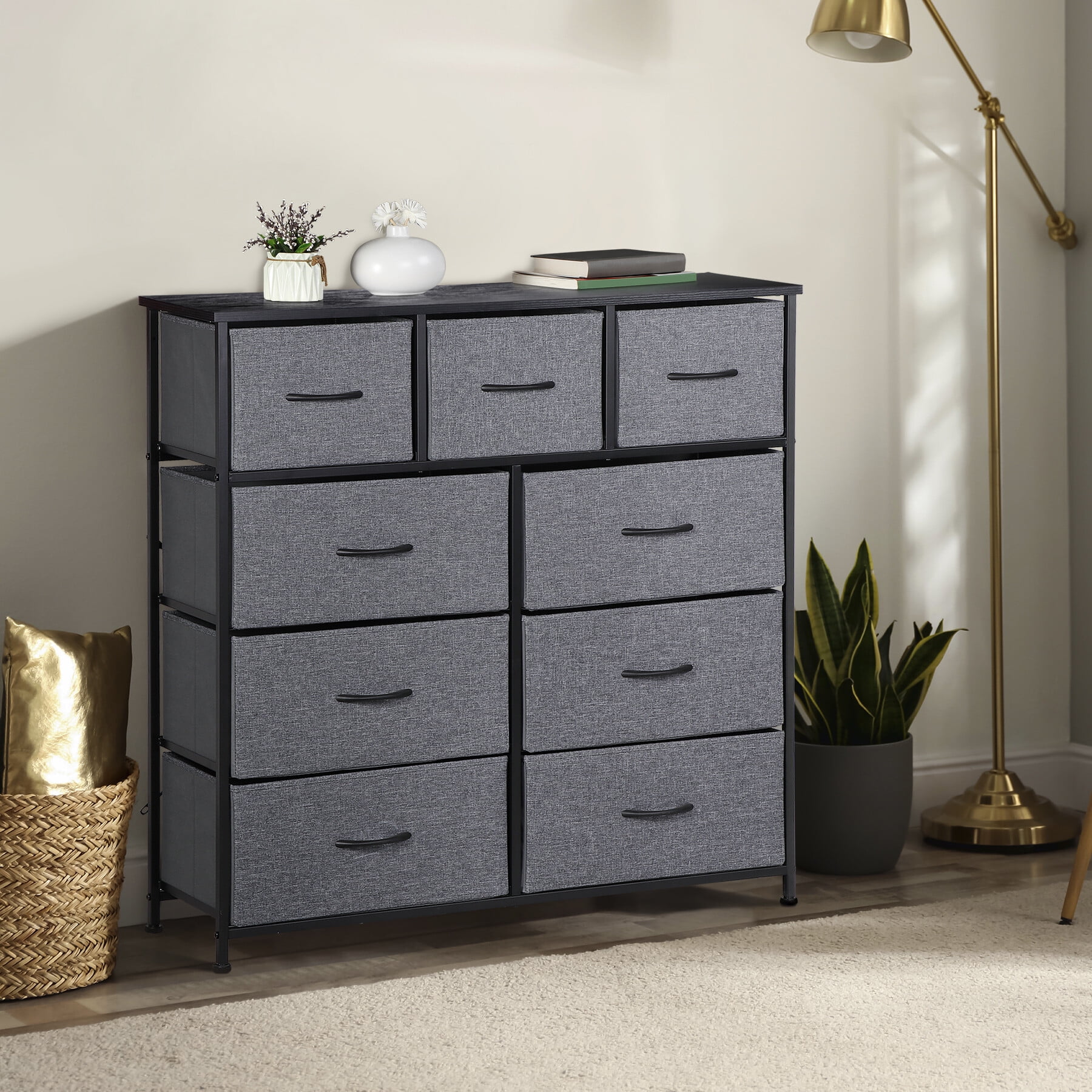 ZENY 9-Drawer Dresser with Steel Frame and Wood Top, Gray