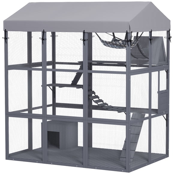Grey Outdoor Catio with Floor - 70.9" Tall, 2-4 Cat Enclosure for Safe Play & Easy Cleaning - Fir Wood & Waterproof Design for Patios & Gardens