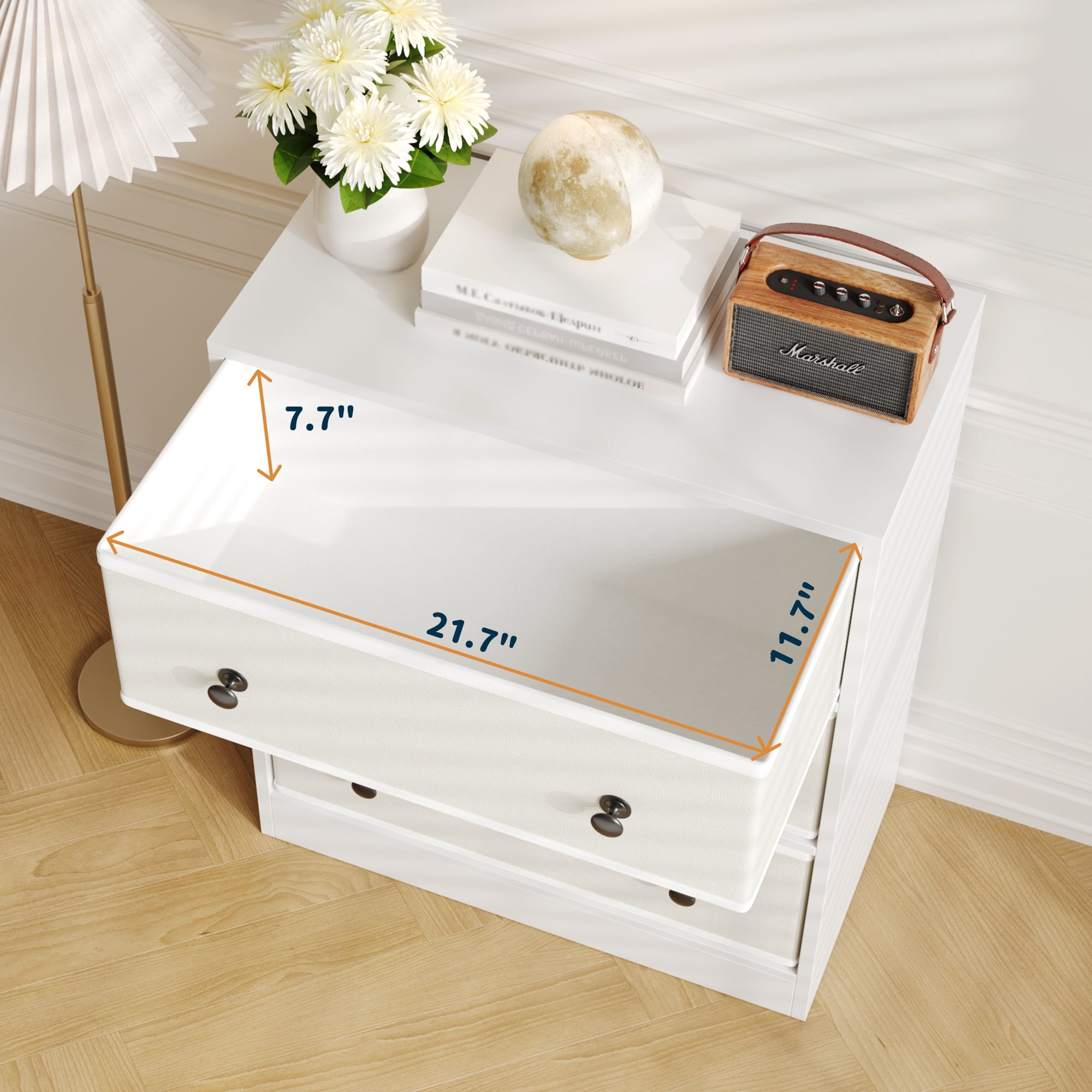 DIYART 3 Drawers Dresser for Bedroom, Modern Storage Cabinet with PU & Non-Woven Fabric Drawers, Small Fabric Dresser for Bedroom and Living Room, White