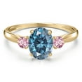 thumbnail image 3 of Gem Stone King 10K Yellow Gold Persian Blue Moissanite and Pink Lab Grown Diamond 3-Stone Ring for Women | 1.64 Cttw | Oval 8X6MM | Gemstone Birthstone | Size 9, 3 of 6