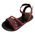 thumbnail image 5 of Rokment Women's Bling Sequin Flat Dressy Sandals Metallic Glitter Braided Leather Open Toe Ankle Strap Low Heels Comfortable Walking Summer Shoes Beach Red Size 9, 5 of 5