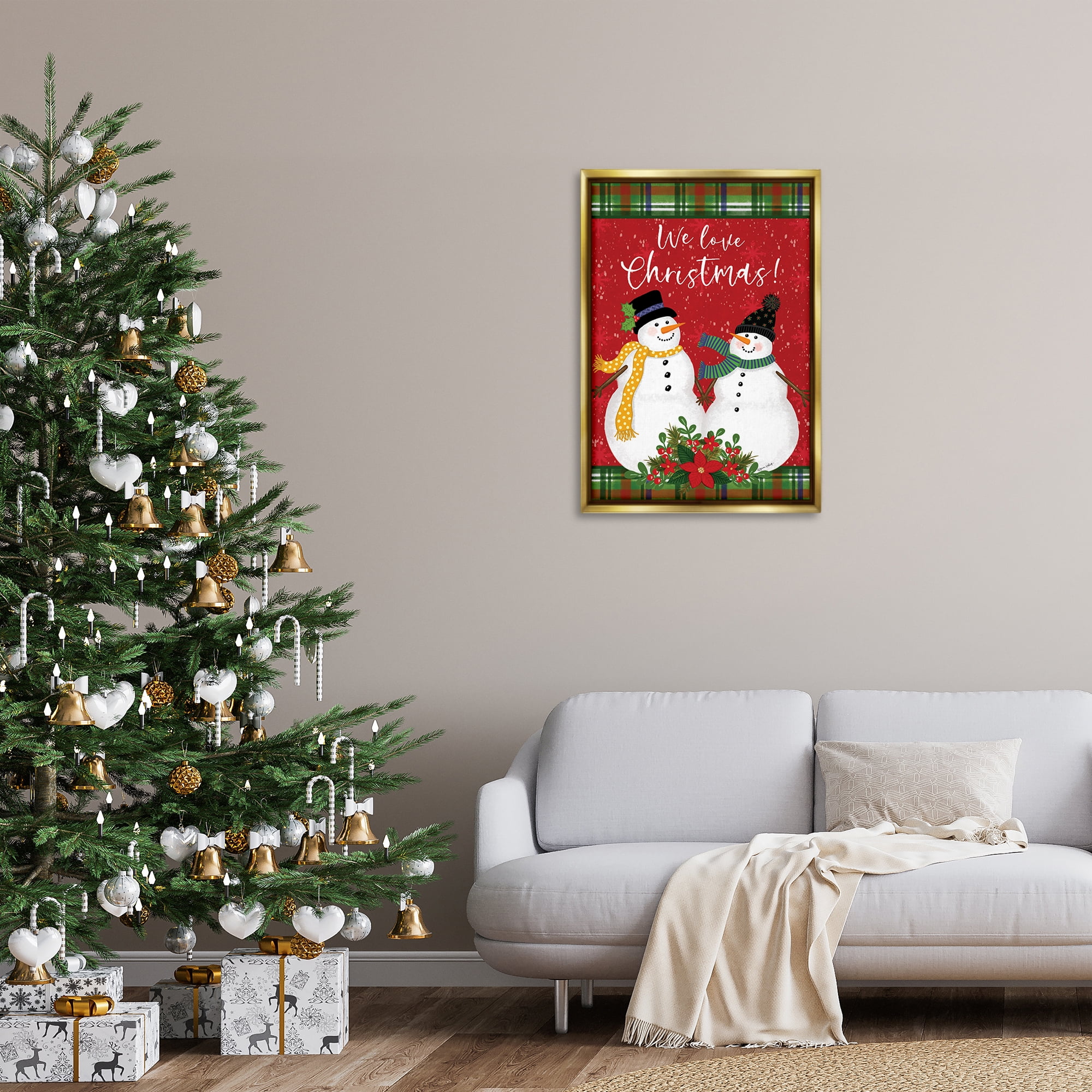 Stupell Industries We Love Christmas Holiday Painting Gold Floater Framed Art Print Wall Art, 21 x 31