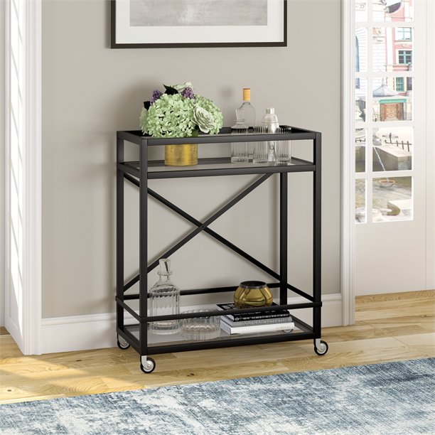 Modern Rolling Bar Cart with Wheels, Glass Shelves, Rectangular Serving