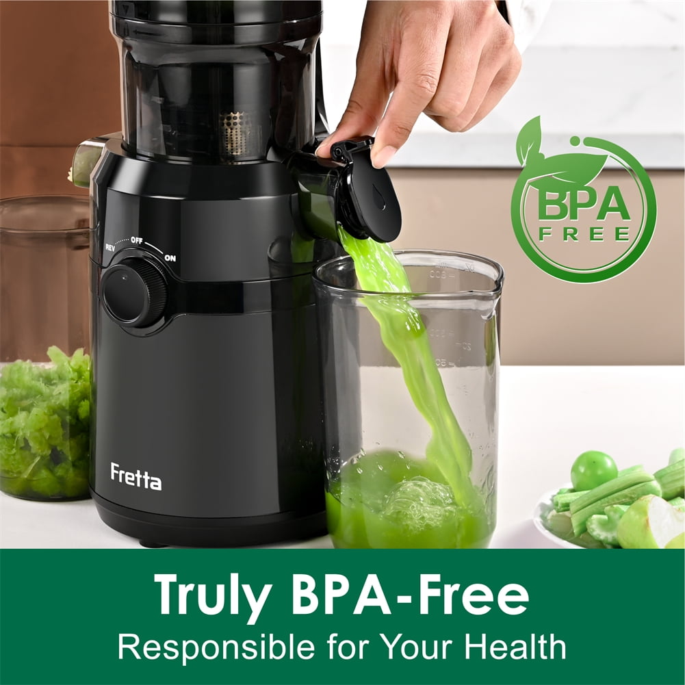 Fretta Slow Masticating Juicer Machines with 4.25" Feed Chute, Cold Press Juicer Machines Fit Whole Fruits & Vegetables, BPA Free (Black)