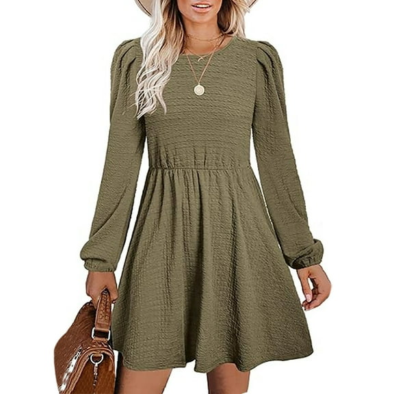 Blczomt Midi Womens Dresses 2025 Plain Green Loose Long Sleeve A Line Flowy Crew Neck Trendy Dresses