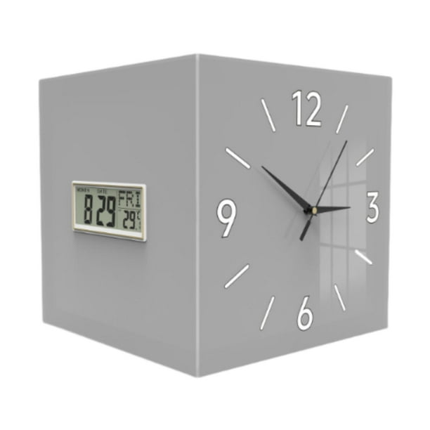 Reloj de pared de doble cara con pantalla digital (fecha, día de la semana, temperatura). Fabricado en metal resistente. Gris
