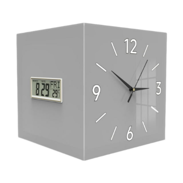 Reloj de pared de esquina con termómetro, reloj decorativo cuadrado con mes, fecha y Gris