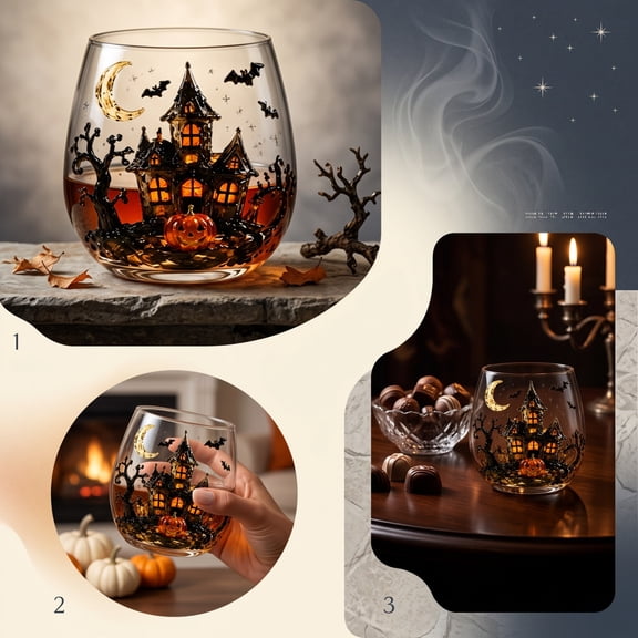 Halloween Patterned Glass Cup 15oz, Haunted House Witch Mummy Printed Drinkware, Multipurpose Beer Wine Cocktail Glass for Party, 15oz
