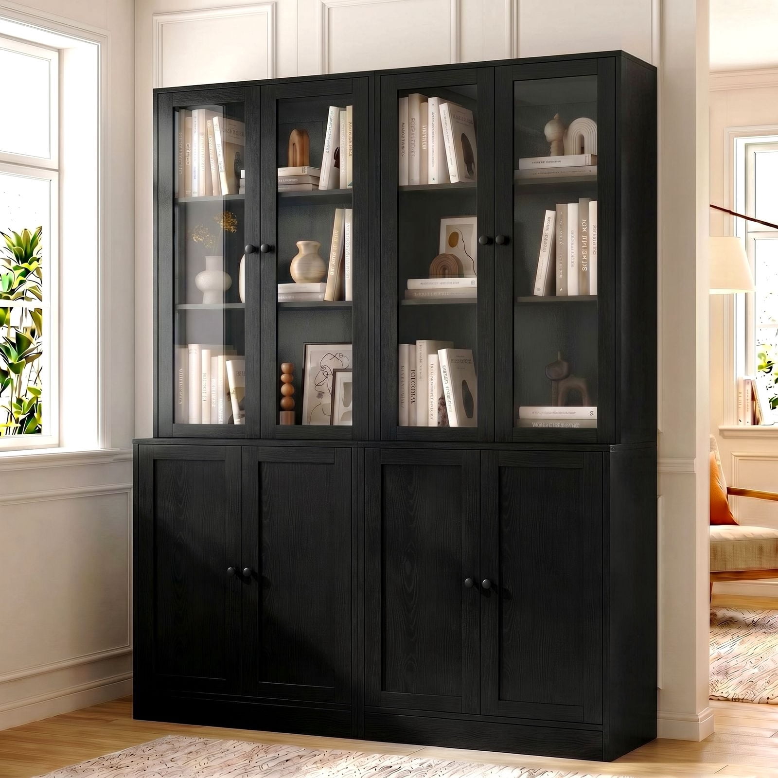 RichYa 71'' Tall Bookcase with Glass Doors, 3-Tier Display Bookshelf & 5-Tier Storage Cabinet for Home Office Living Room