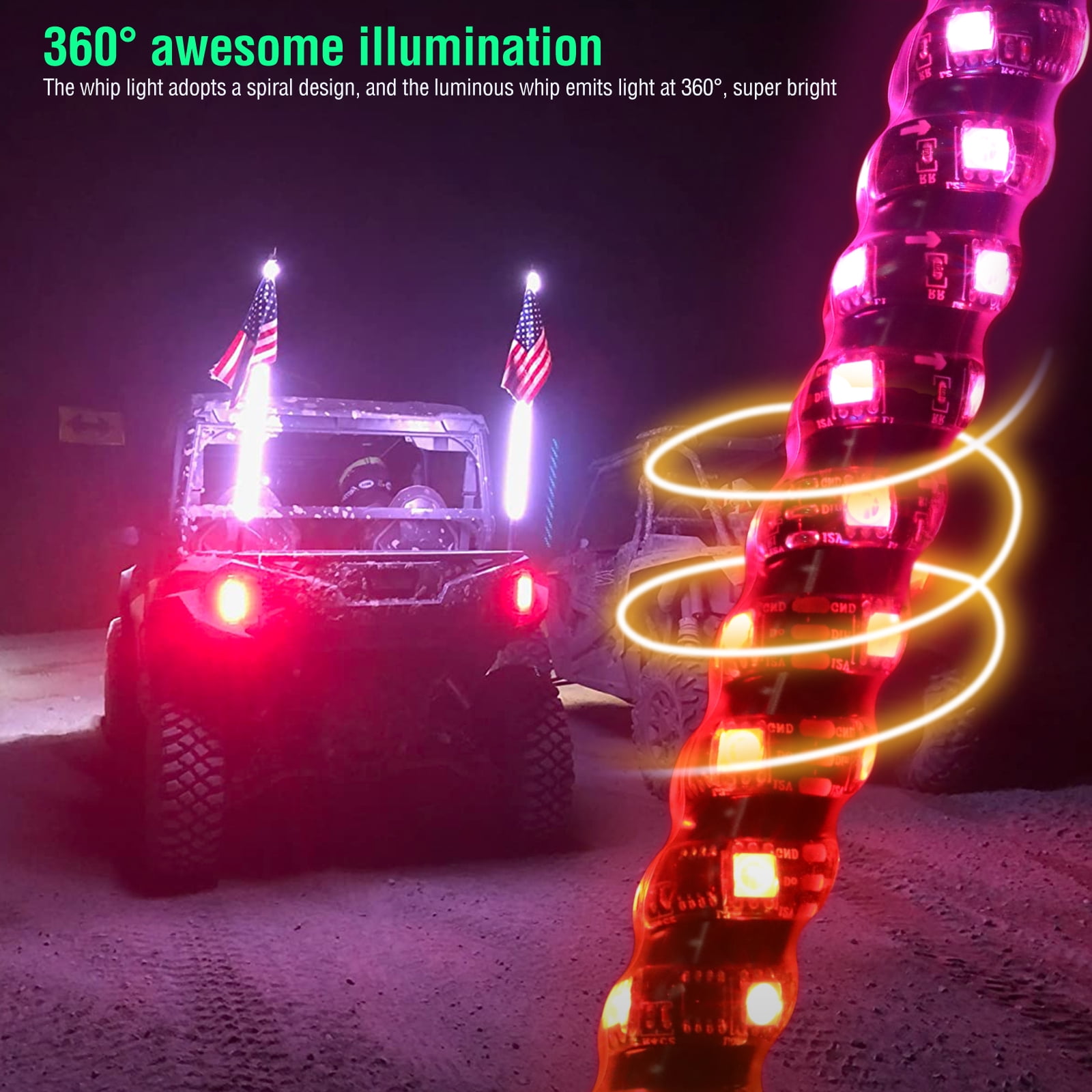 AUTOXBERT 2PCS 3FT RGB LED Whip Light DIY Chasing Patterns Antenna Lighted Whips for ATV UTV