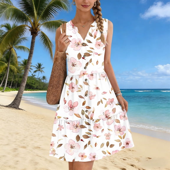 Gamivast Dresses for Women Sleeveless V Neck Empire Waist A-Line Midi Dress Ditsy Floral Print Button Down Flowy Comfy Casual Summer Dresses Spring Dresses