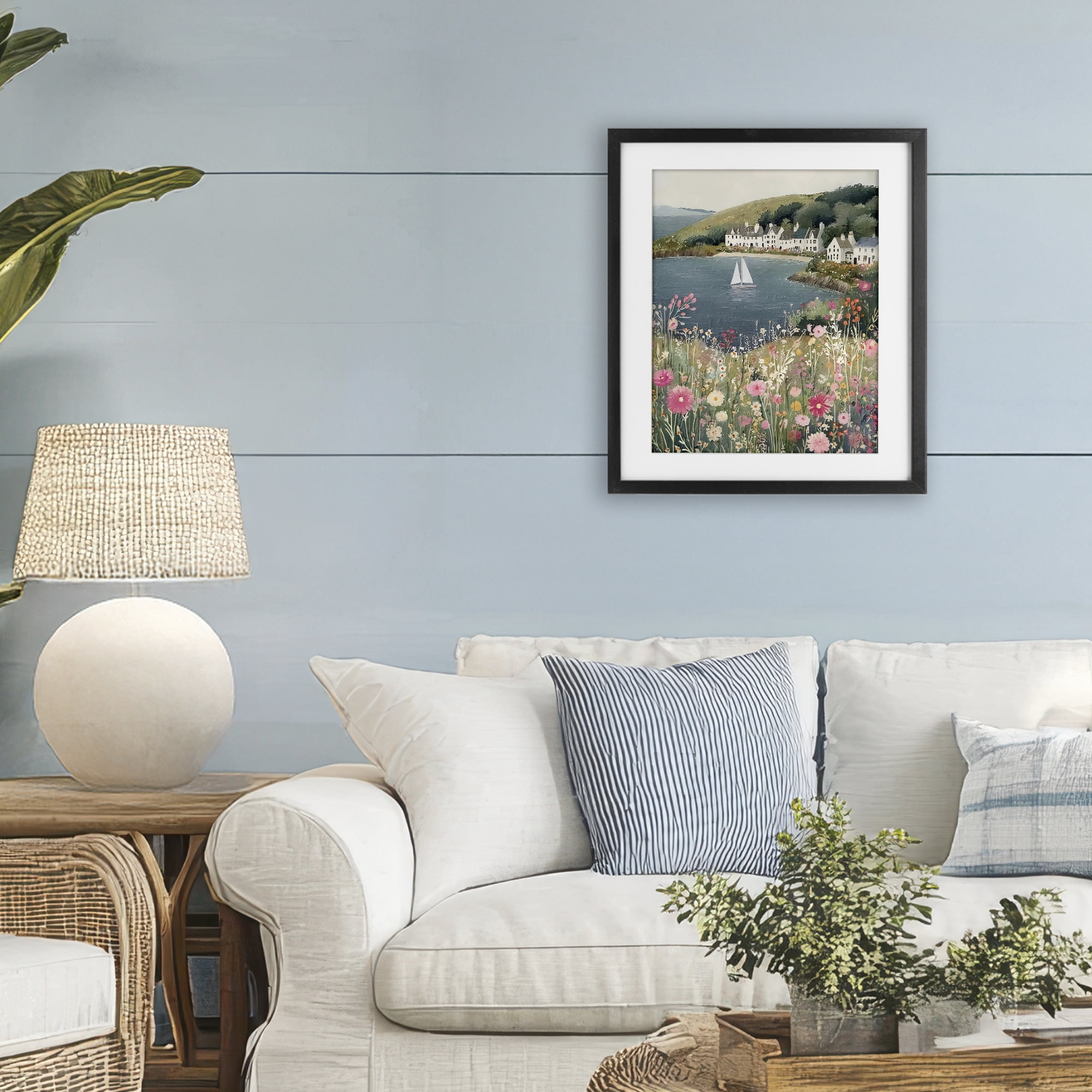 Stupell Industries Clifftop Meadow & Sailboat Black Framed Print Under Glass, design by Riley B