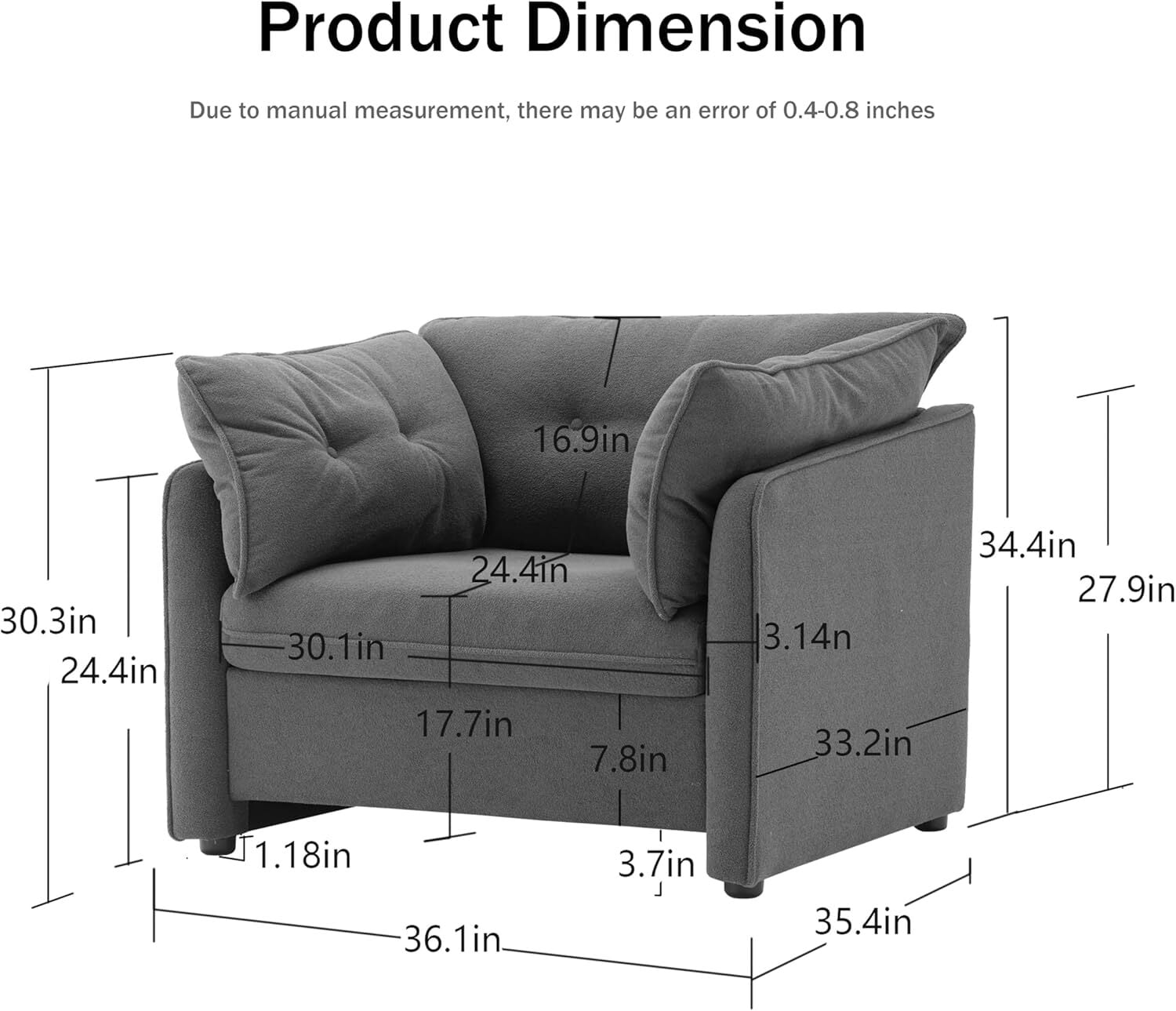 AENKYO Oversized Chenille Accent Chair, Modern Mid Century Armchair, Comfy Upholstered Deep Seat Sofa Chair, Suitable for Living Room, Bedroom, Office, Dark Gray