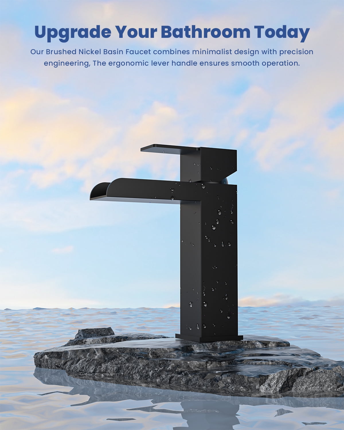 DAYONE Matte Black Single Handle Bathroom Sink Faucet, 1 Hole Waterfall Bathroom Faucets with Pop Up Drain, Single Hole Mixer Tap Includes Optional 6-inch Squre Deckplate Stainless Steel