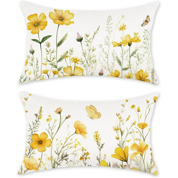 Floral Throw Pillow Covers 12x20 Set of 2 Spring Summer Outdoor Decor Lumbar Pillow Cases for Home Couch Decorations Yellow