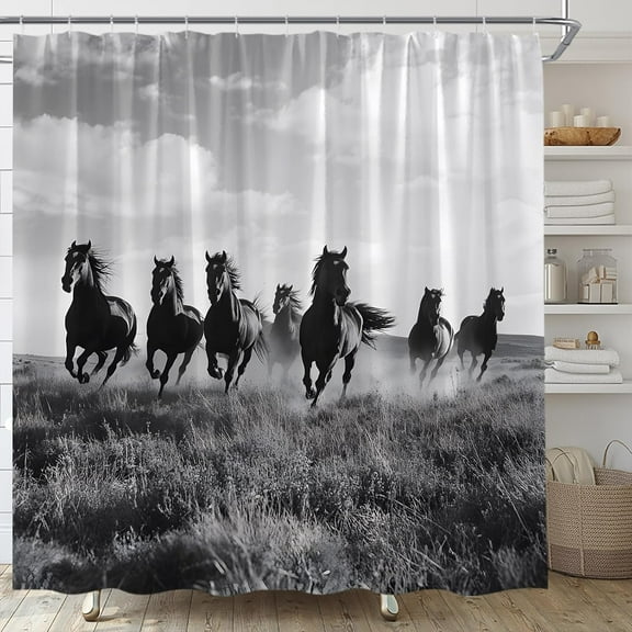 Horse Shower Curtain Western Farm Animal Rustic Farmhouse Running Wildlife Country Retro Fabric Bathroom Curtain Set with Hooks-60"W x 72"L (Pack of 1)