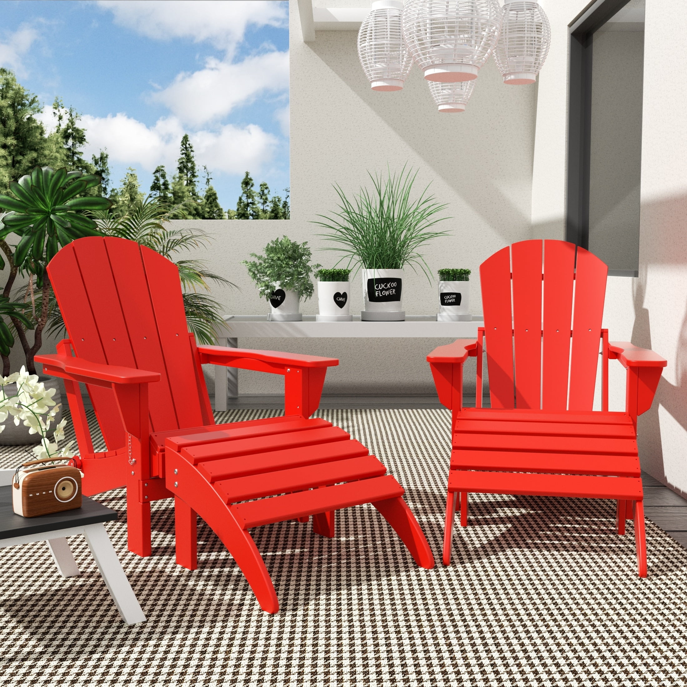 Polytrends  Laguna Hdpe All Weather Outdoor Patio Foldable Adirondack Chairs With Ottomans (5-Piece Set) Red