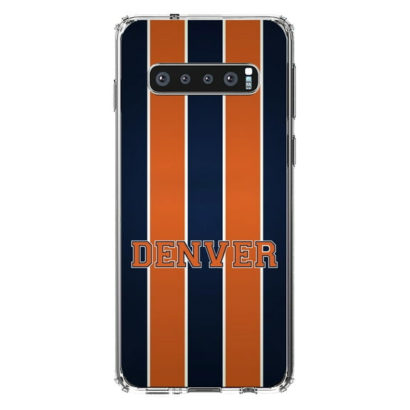 DistinctInk Clear Shockproof Hybrid Case for Samsung Galaxy S10  PLUS(6.4" Screen) - TPU Bumper, Acrylic Back, Tempered Glass Screen Protector - Orange Navy Broncos - Football Team