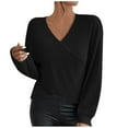 thumbnail image 2 of AXXD Black Basic Trendy Tops for Women 2024 Summer Button V-Neck Long Sleeve Casual T-shirt Top Solid Blouse, 2 of 9