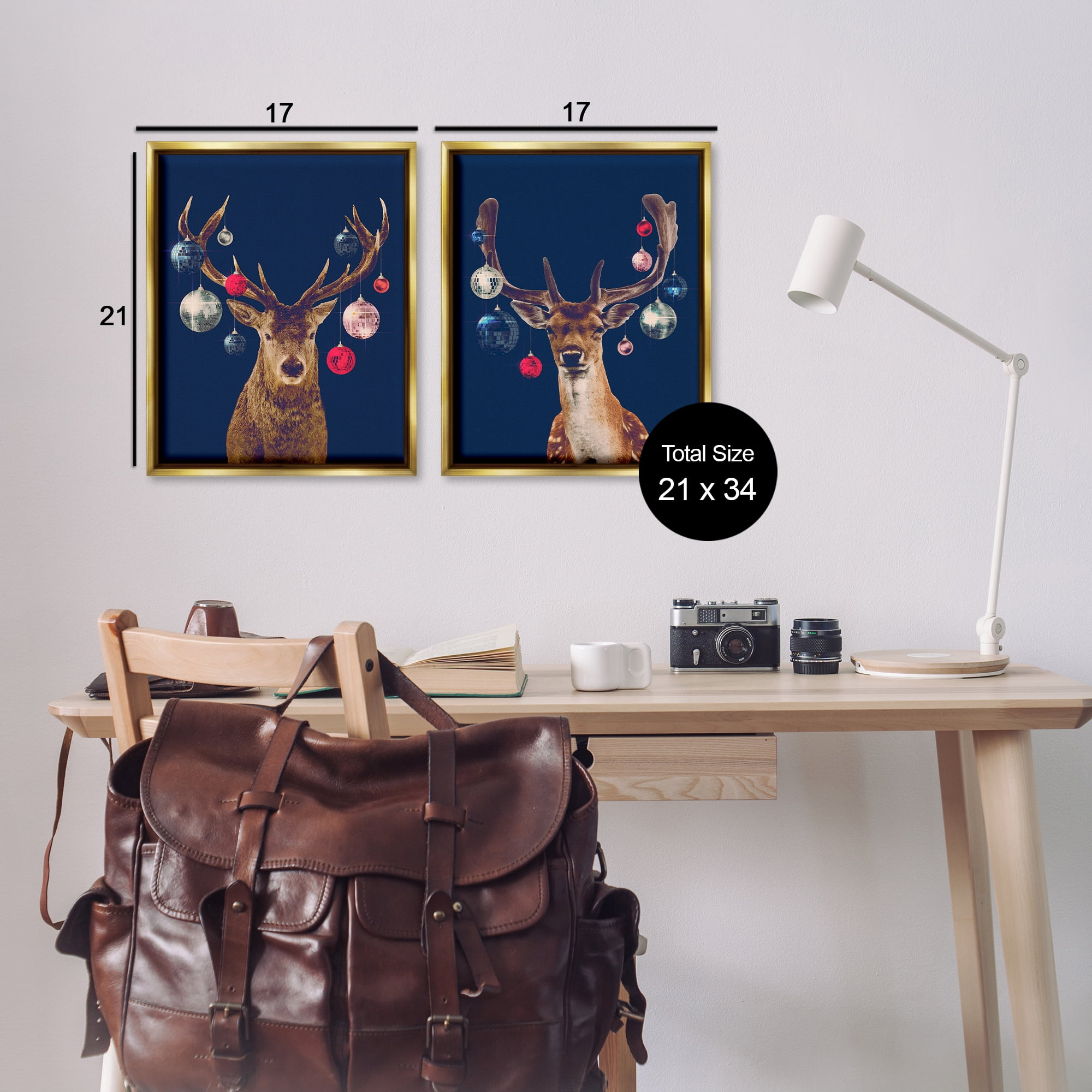 Stupell Industries Navy Brown Disco Deer Holiday Painting Gold Floater Framed Canvas Art Print Wall Art, 17 x 21, Set of 2
