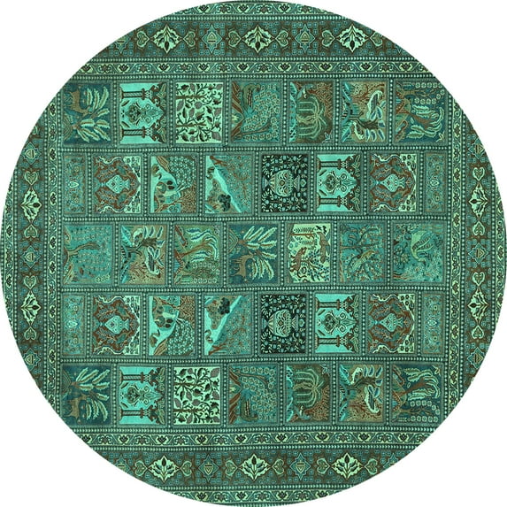 Ahgly Company Machine Washable Indoor Round Persian Turquoise Blue Traditional Area Rugs, 3' Round