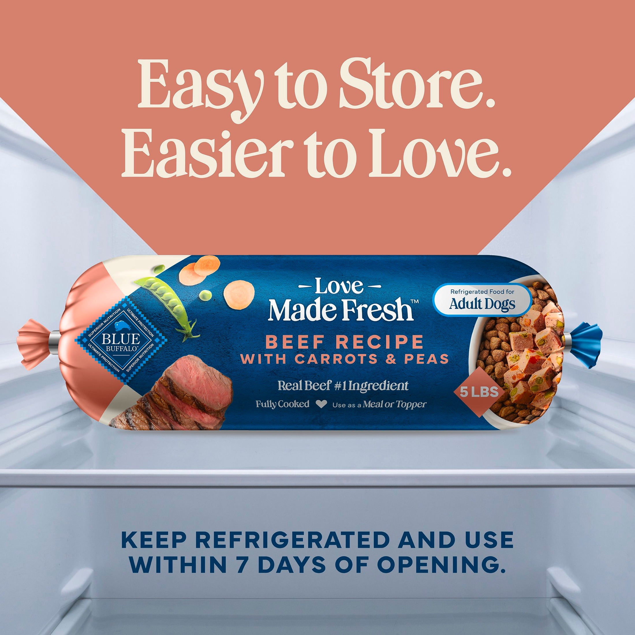 (2 pack) Blue Buffalo Love Made Fresh Refrigerated Adult Fresh Dog Food, Beef, 5lb Roll