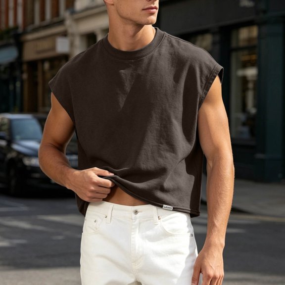 Kalauyu Sleeveless Athletic Tank Tops for Men Round Neck Cotton Blend Loose Summer Breathable Solid Color Workout Sleeveless Tees
