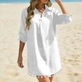 thumbnail image 2 of Fesfesfes Women's Tassel Hem Beach Cover Up Button Down Shirt Dress Oversized 3/4 Sleeve Swimsuit Cover Up Vacation Resort Wear Summer Bikini Beach Dress, 2 of 7