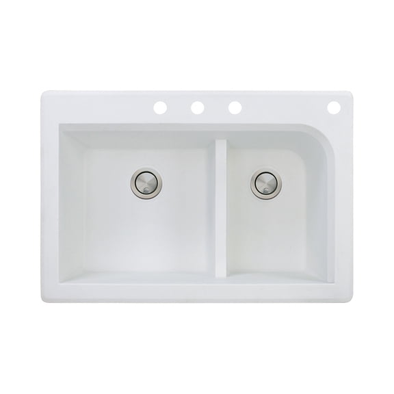 Transolid Radius 33in x 22in silQ Granite Drop-in Double Bowl Kitchen Sink with 4 CBDF Faucet Holes, In White