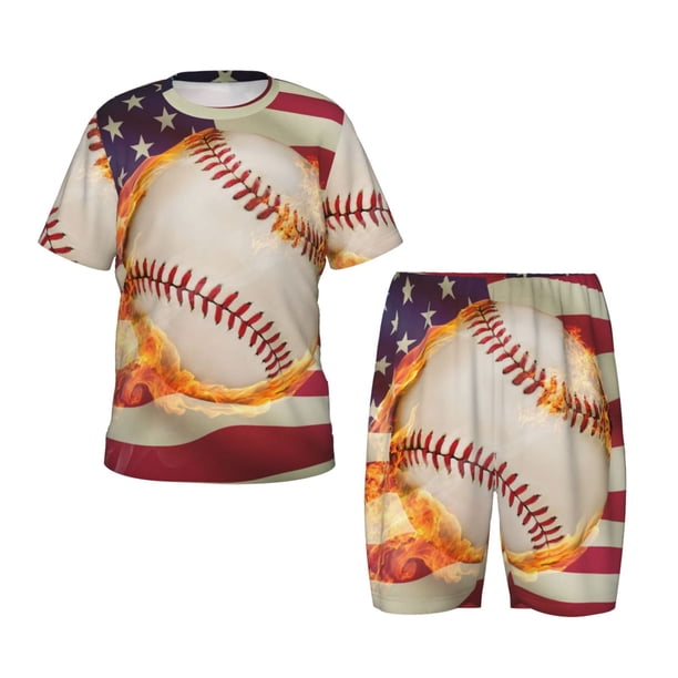 Fotbe Baseball Ball With Flag Pijama Estampada de 2 Piezas para Niños – Ropa de Dormir de Manga Corta Cómoda para Niños y Niñas, Camiseta y Shorts de Algodón-Medium