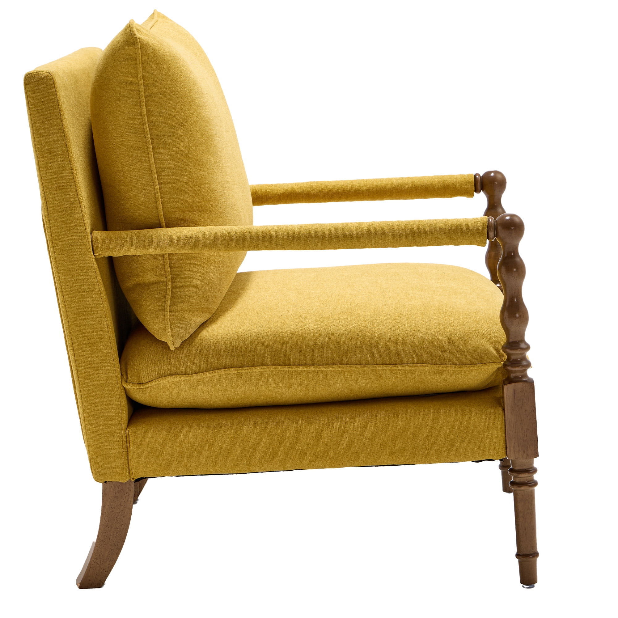 Mid Century Linen Spindle Accent Chair,Yellow Upholstered Armchair with Solid Wood Frame,Padded Spring Seat & Covered Armrests for Living Room and Bedroom