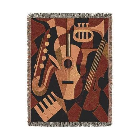 Brown and Tan Abstract Musical Instruments Woven Throw Blanket 100% Cotton Cubist Style for Living Room Decor