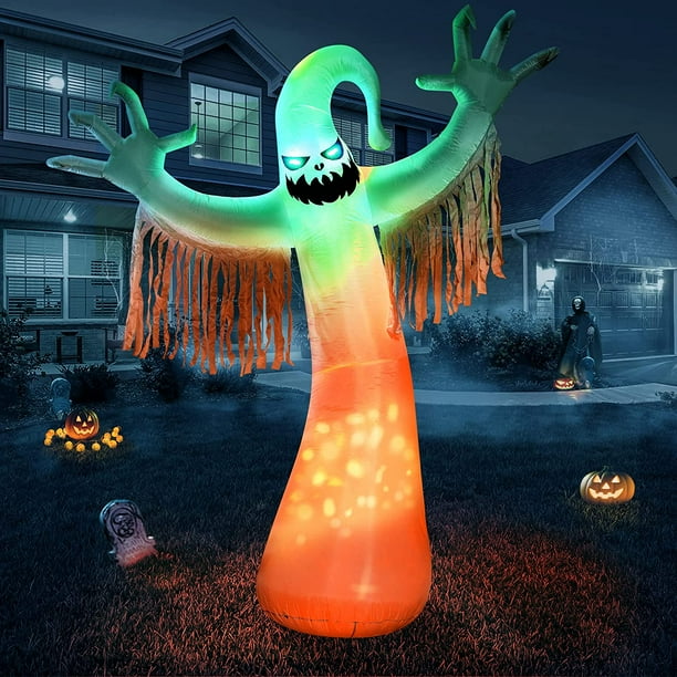 10 Ft Halloween Inflatables Ghost Decorations, Builtin Orange LED Lights with Flame Effect