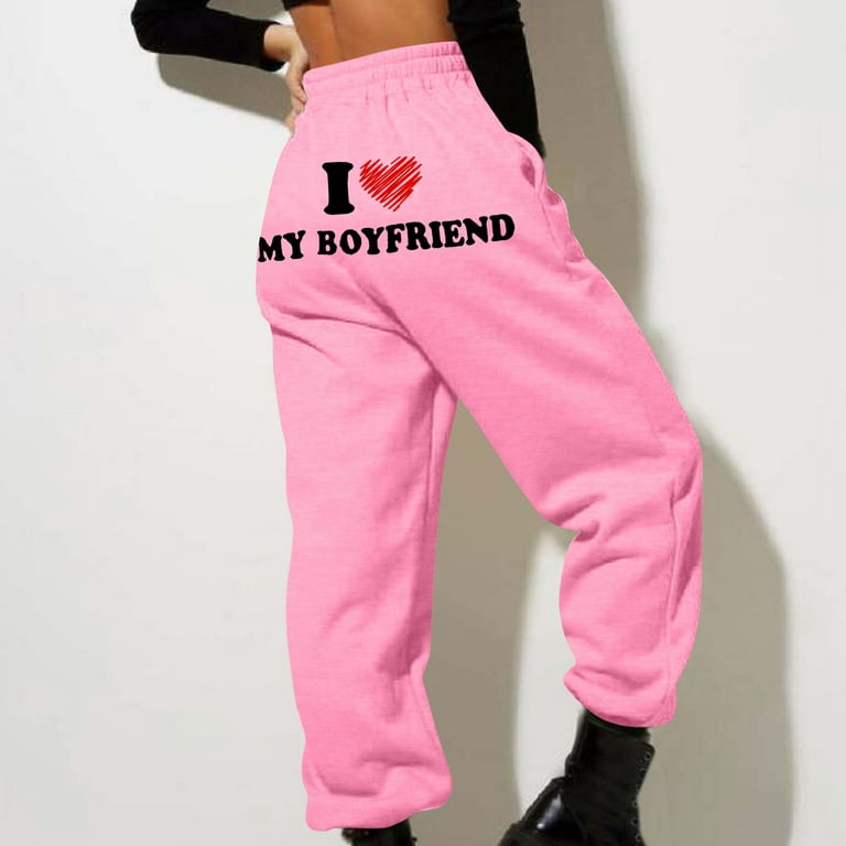 ZQGJB I Love My Boyfriend Sweatpants Baggy High Waist Cinch Bottom Straight  Leg Workout Trousers Funny Letter Print Jogger Pants with Pockets