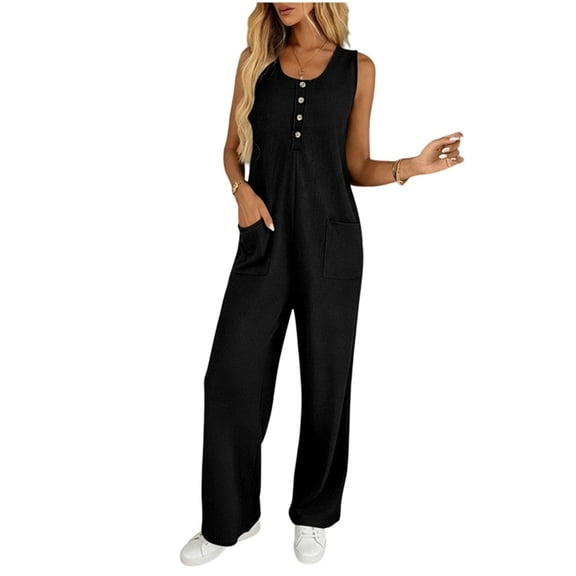 Womens Button Down Jumpsuits Sleeveless Casual Wide Leg Tank Rompers Loose Jumper Overalls with Pockets Black, L