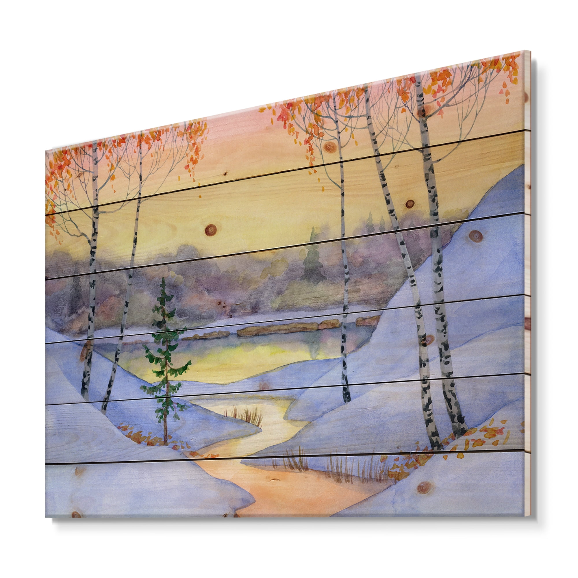 Designart 'Stream Through The Winter Forest II' Lake House Print on Natural Pine Wood