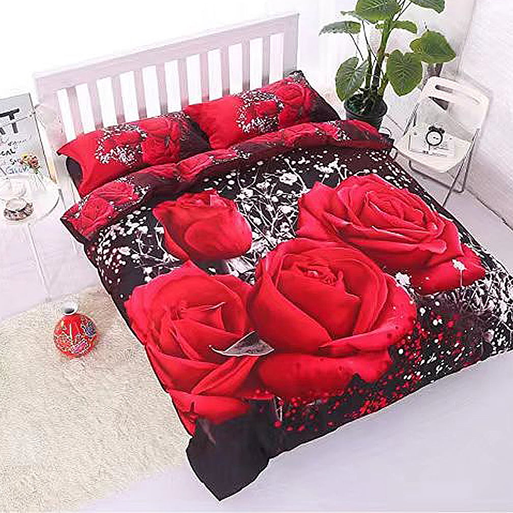 4Pcs Set Bedding Queen Size Duvet Cover Set 3D Oil Painting Red Rose Bedding Set Floral Printed Bedclothes Home Textiles Queen Quilt Cover Bed Sheet 2 Pillowcases (Size:200 x 230 cm)
