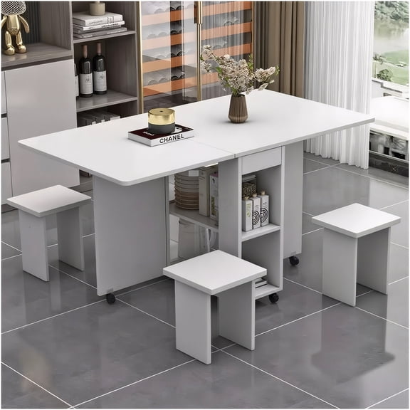 White Folding Drop Leaf Dining Table Set for 4 with Storage, Space Saving Foldable Kitchen Table with 6 Wheels and Chairs
