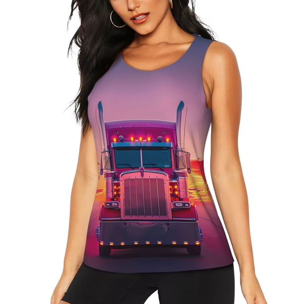 Fotbe Sunset Truck Highway Blusas Sin Mangas para Mujer – Estilo Casual, Corte Suelto, Slim-Fit, Cuello Redondo Deportivo, Tops de Verano para Gimnasio y Yoga-Large