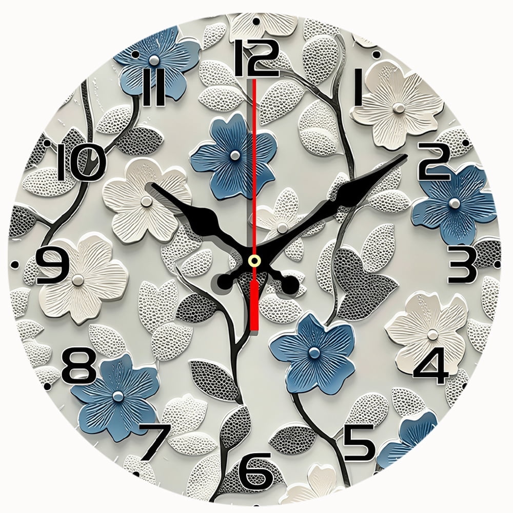 2D Flat Wooden Wall Clock Elegant Silent Wall Clock with Artistic Blue Floral Design - Wood Ideal for Home Decor Bedrooms Living Rooms - AA Battery Not Included